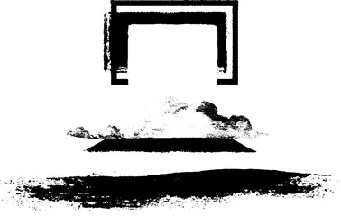 Abstract black and white stencil illustration featuring floating square frame