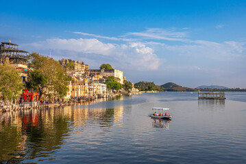 Panoramic view of city of lakes, Udaipur with lake Pichola from Ambrai ghat, Rajasthan, India.
