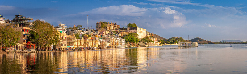 Panoramic view of city of lakes, Udaipur with lake Pichola from Ambrai ghat, Rajasthan, India.