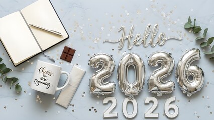 New year 2026 celebration with silver balloons coffee and journal