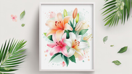 Obraz premium watercolor painting of Elegant wedding invitation card background vector. Minimal hand painted watercolor botanical Lilly flowers texture template background. Design for wedding, vip cover, poster,