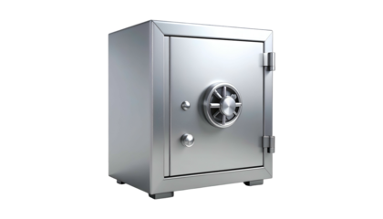 A shiny, metallic, square safe with a circular dial and hinges, isolated on a black background, suggesting security