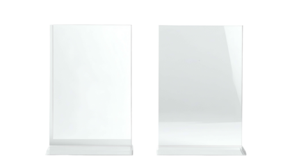 Two clear, rectangular acrylic sign holders, standing upright, against a black background. One shows a clean view, the other tilted slightly