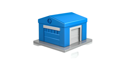 A simplified, isometric illustration of a storage facility or warehouse building rendered with a solid blue color and white accents