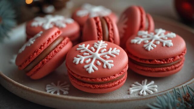 Red Christmas Macarons with Snowflake Icing on Ceramic Plate