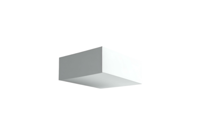 A 3D render of a simple geometric form. The object is a white, rectangular prism, floating against a stark black background