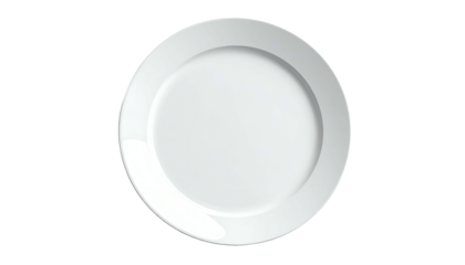A simple, white, circular dish with a slightly raised rim, displayed against a black background, with soft lighting and a gloss finish