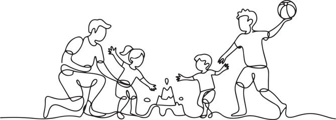 Continuous one line drawing active happy family on vacation at the beach. Trip and holiday concept. one line Icon drawing