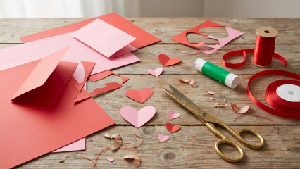 Handmade Valentine's Day card making supplies on a wooden table. DIY crafting project with red and pink paper hearts, scissors, and ribbon