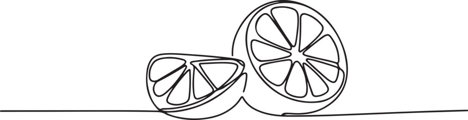 Lemon fruit slices or orange fruit slices in continuous line art drawing style. Single line concept of sliced orange fruit in doodle style. one line Icon drawing