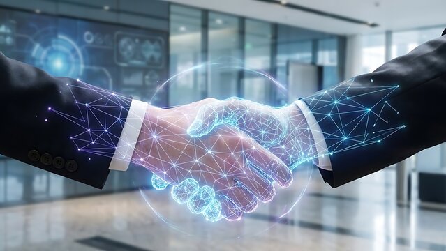 Business handshake with digital network overlay in modern office