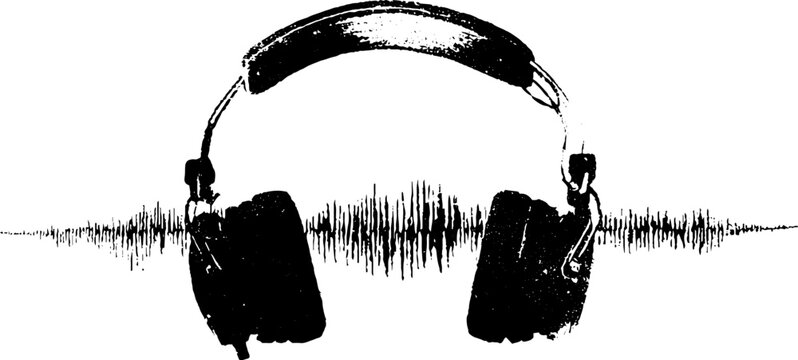 Black and white grunge stencil illustration of headphones with soundwave silhouette - Powered by Adobe