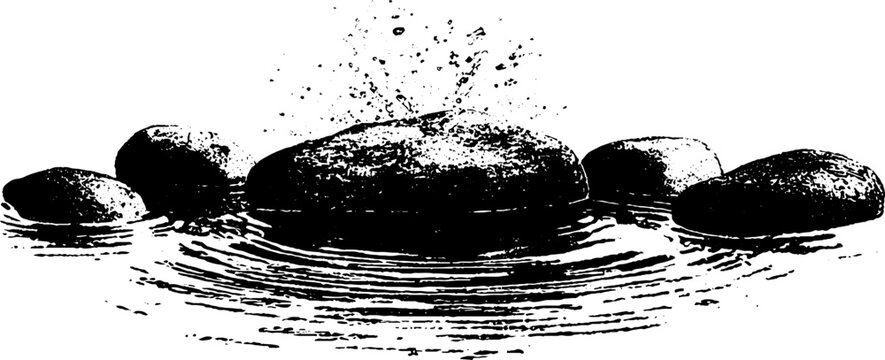 Black and white stencil illustration of heavy water ripples