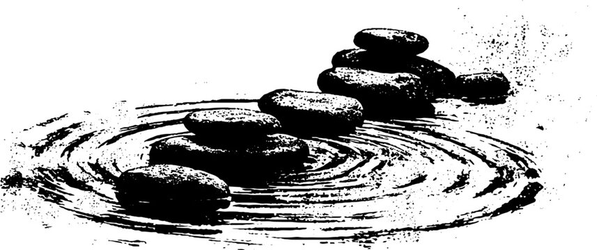 Black and white stencil of heavy water ripple stones for zen and tranquility design