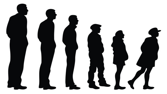 Vector illustration silhouette profile view of six diverse human figure shapes standing in a line showing gradual height difference