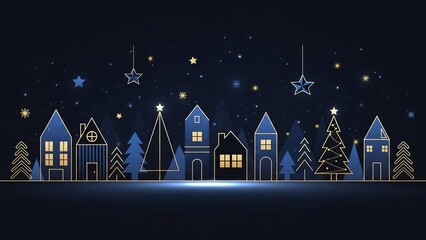 Christmas and Happy New Year greeting banner with Gold and Blue Line-Art Trees and Houses on Dark Winter Background , Elegant Holiday Illustration