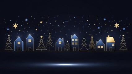 Christmas and Happy New Year greeting banner with Gold and Blue Line-Art Trees and Houses on Dark Winter Background , Elegant Holiday Illustration