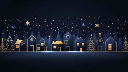 Christmas and Happy New Year greeting banner with Gold and Blue Line-Art Trees and Houses on Dark Winter Background , Elegant Holiday Illustration