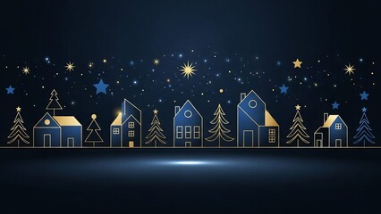 Christmas and Happy New Year greeting banner with Gold and Blue Line-Art Trees and Houses on Dark Winter Background , Elegant Holiday Illustration