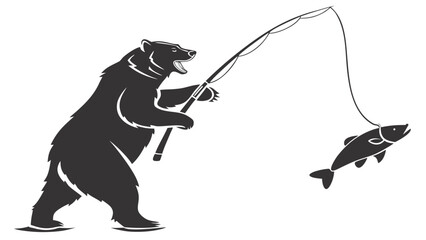 Vector illustration silhouette of a large bear standing upright while successfully catching a fish on a fishing rod
