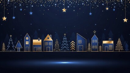 Christmas and Happy New Year greeting banner with Gold and Blue Line-Art Trees and Houses on Dark Winter Background , Elegant Holiday Illustration
