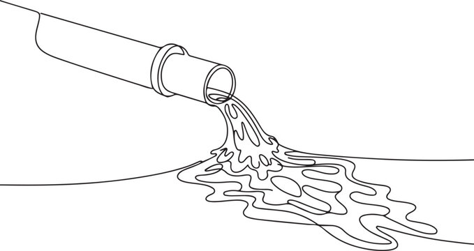 Waste discharge pipe into the river. Water pollution concept one-line drawing. one line Icon drawing
