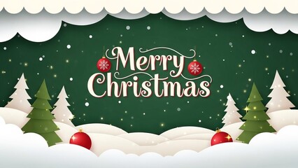  green Merry Christmas and Happy New Year greeting card header banner in paper art style with Green Background, Snowy Paper-Cut Trees, and Festive Typography for Holiday Greeting Designs