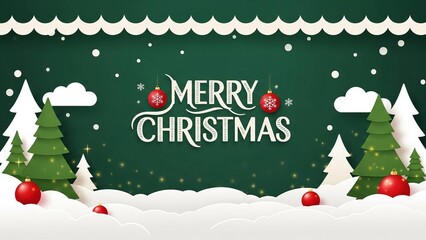  green Merry Christmas and Happy New Year greeting card header banner in paper art style with Green Background, Snowy Paper-Cut Trees, and Festive Typography for Holiday Greeting Designs
