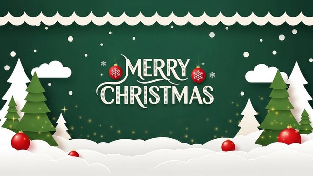 green Merry Christmas and Happy New Year greeting card header banner in paper art style with Green Background, Snowy Paper-Cut Trees, and Festive Typography for Holiday Greeting Designs - Powered by Adobe