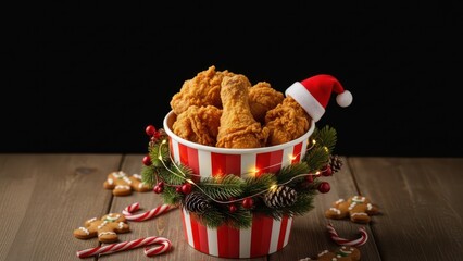 Delicious crispy fried chicken bucket adorned with festive Christmas decor perfect for holiday marketing and seasonal promotions