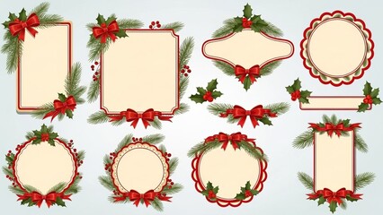 Christmas and Happy New Year greeting card vector set,  , decorated with elegant pine leaves, holly elements, and festive ribbons.