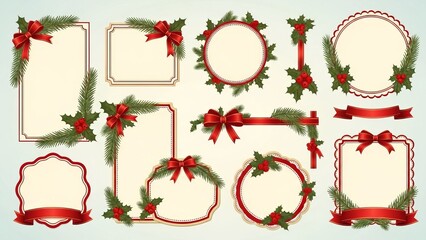 Christmas and Happy New Year greeting card vector set,  , decorated with elegant pine leaves, holly elements, and festive ribbons.