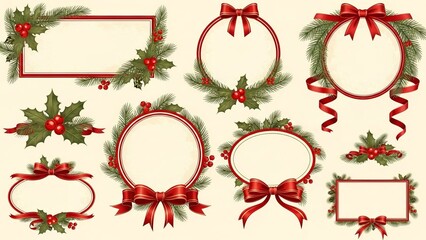 Christmas and Happy New Year greeting card vector set,  , decorated with elegant pine leaves, holly elements, and festive ribbons.