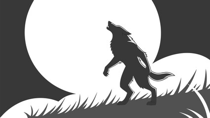 Vector illustration silhouette of a werewolf howling at a large full moon against a dark, grassy landscape at night