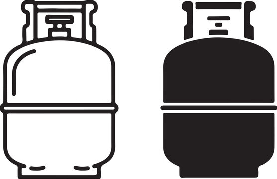 Outline and solid silhouette icons of a gas cylinder on a white background propane tank fuel on transparent background
