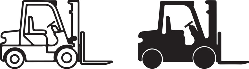 Two icons of a forklift in outline and solid fill industrial vehicle lift truck on transparent background