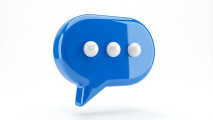 Blue chat bubble with three white dots, communication icon on white