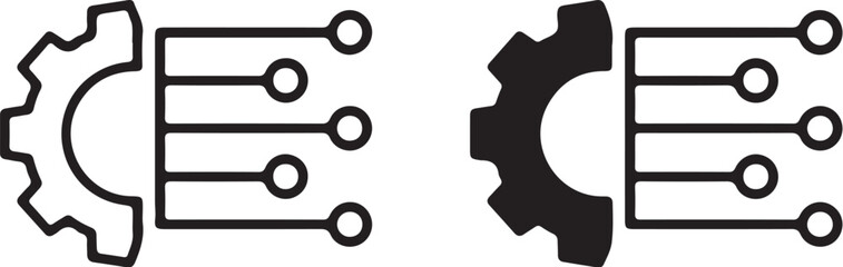 Two icons of a gear connected to electronic circuits in outline and solid fill cogwheel electronics on transparent background