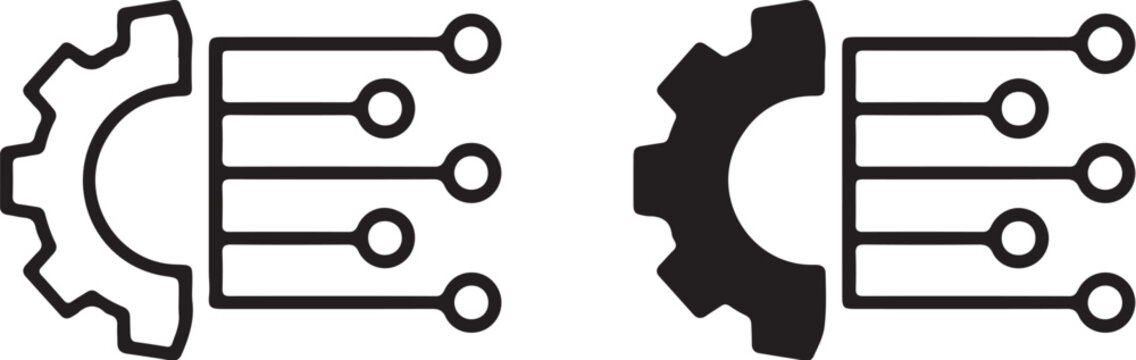 Two icons of a gear connected to electronic circuits in outline and solid fill cogwheel electronics on transparent background