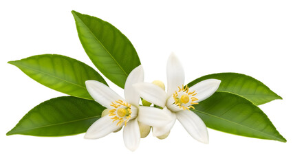 Obraz premium Fragrant orange blossom with green leaves isolated on transparent background