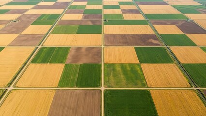 Fototapeta premium Aerial View of a Quilt-Like Agricultural Landscape with Diverse Crops in Various Stages of Growth