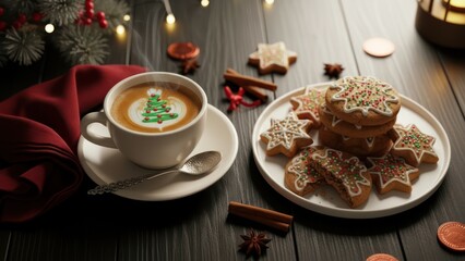 Savor the magic of the season with a steaming Christmas tree latte and delicious star shaped gingerbread cookies by warm holiday lights