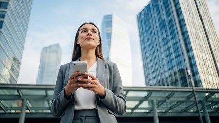 Young Businesswoman Using Smartphone Outdoors with Modern City Skyline Background,