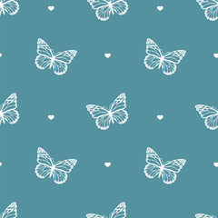 Cute butterflies seamless pattern with heart. Summer flying insect background
