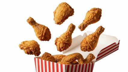 Deliciously crispy fried chicken pieces dynamically falling into a classic red and white striped takeout box against a bright white background