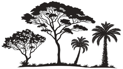 Vector illustration silhouette collection of various savanna and tropical trees including acacia and palm tree types