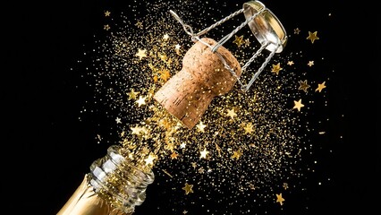 Champagne Cork Popping with Gold Stars and Glitter Explosion on Black Background.