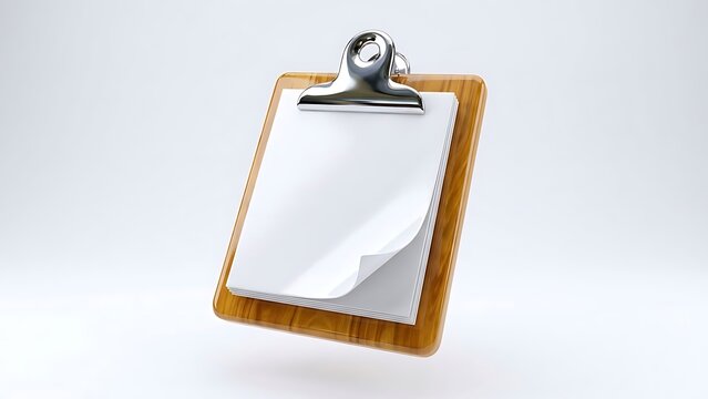 Wooden clipboard with blank paper and metal clip on white background