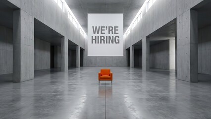 Minimalist architectural space with an orange armchair beneath a "We're Hiring" sign in a large room.