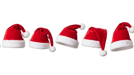 Big set of realistic Santa Hats, rand White Santa Claus Hats in Various Shapes Isolated on White Background